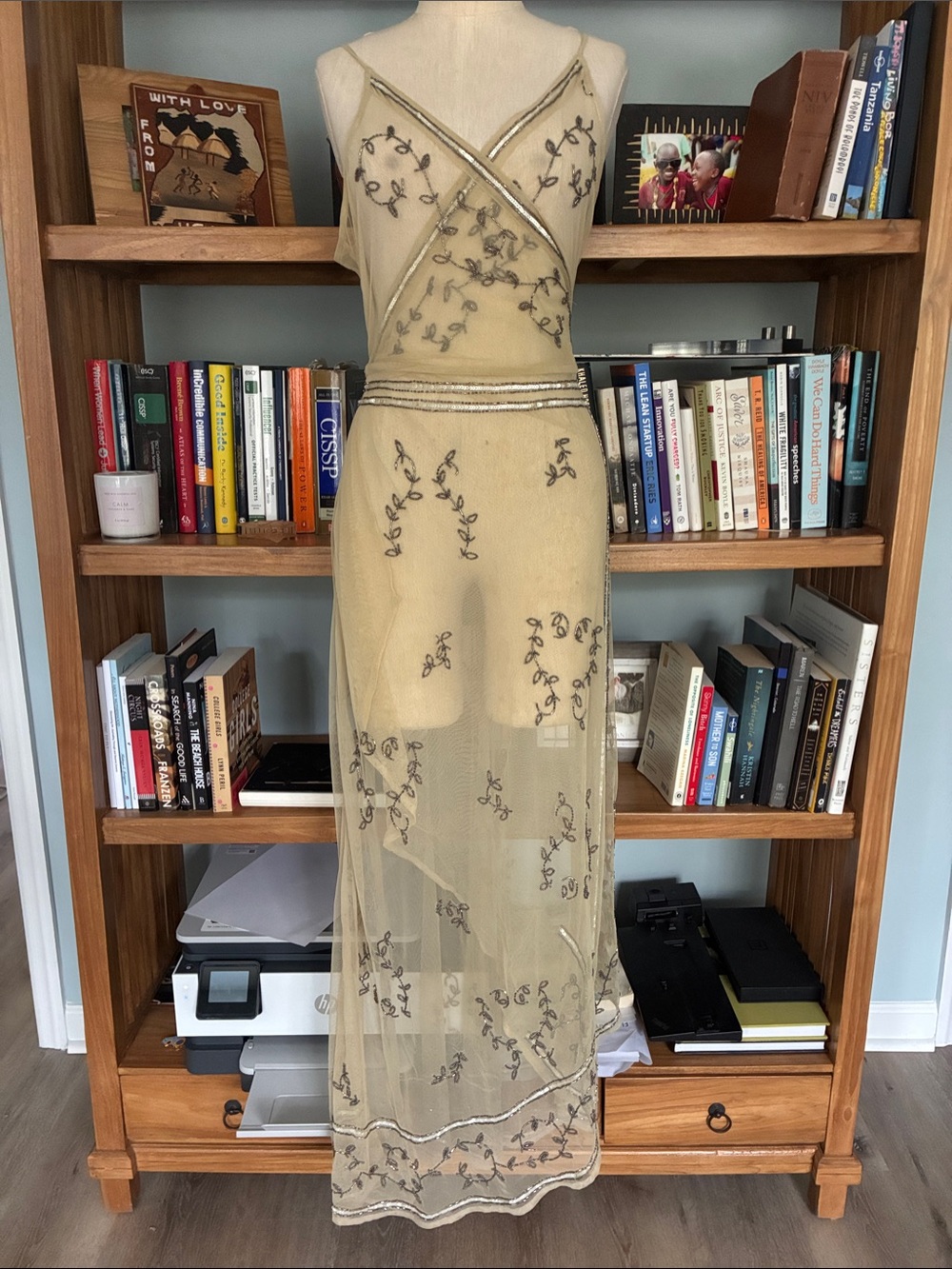 Free People Sheer Embroidered Slip Dress in Champagne